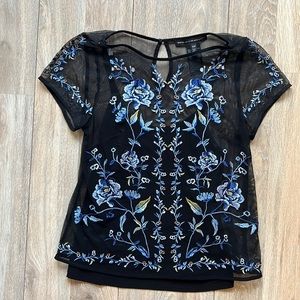 WHBM XSP Black Mesh embroidered top